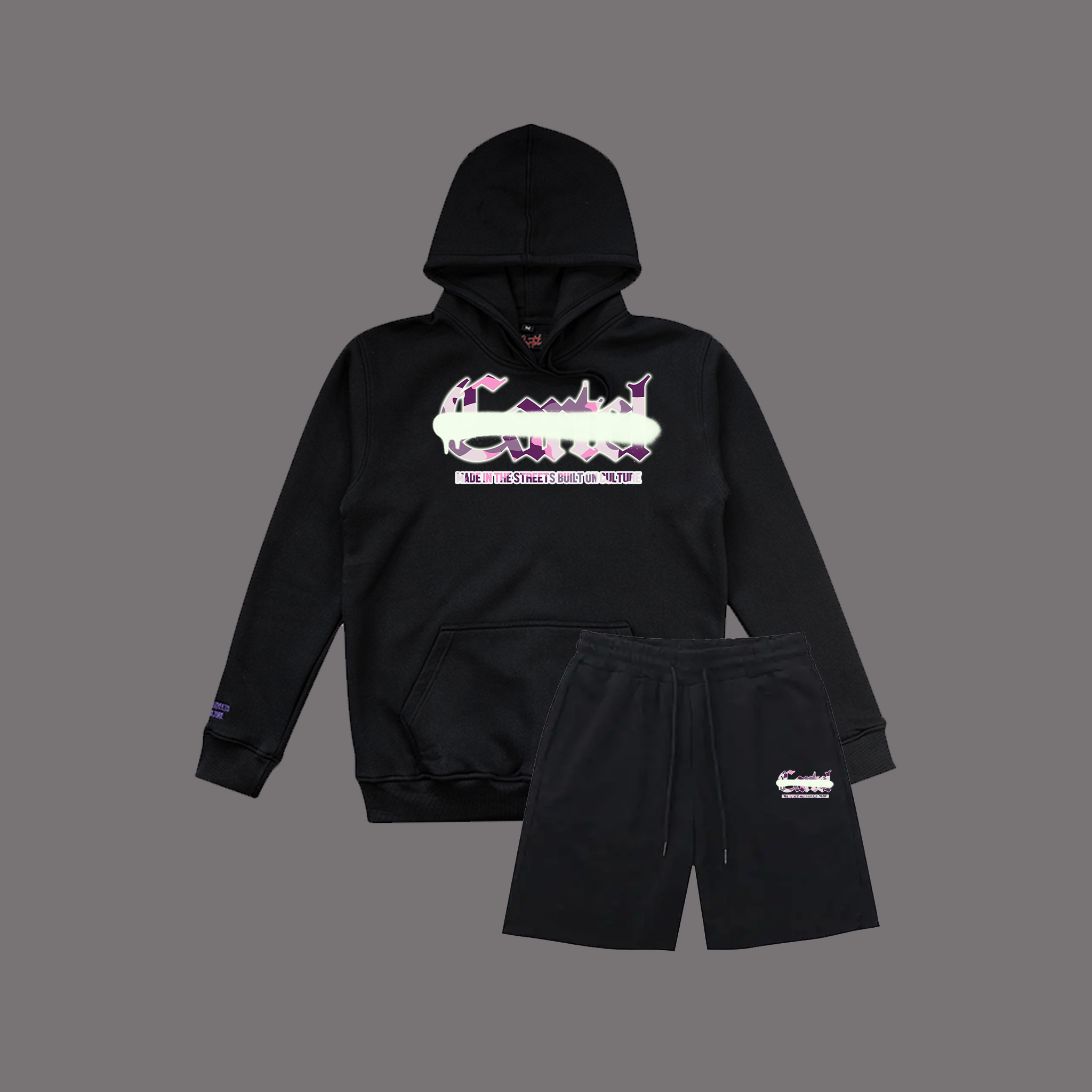 Cartel Purple Camo Sprayway Short Set Hood
